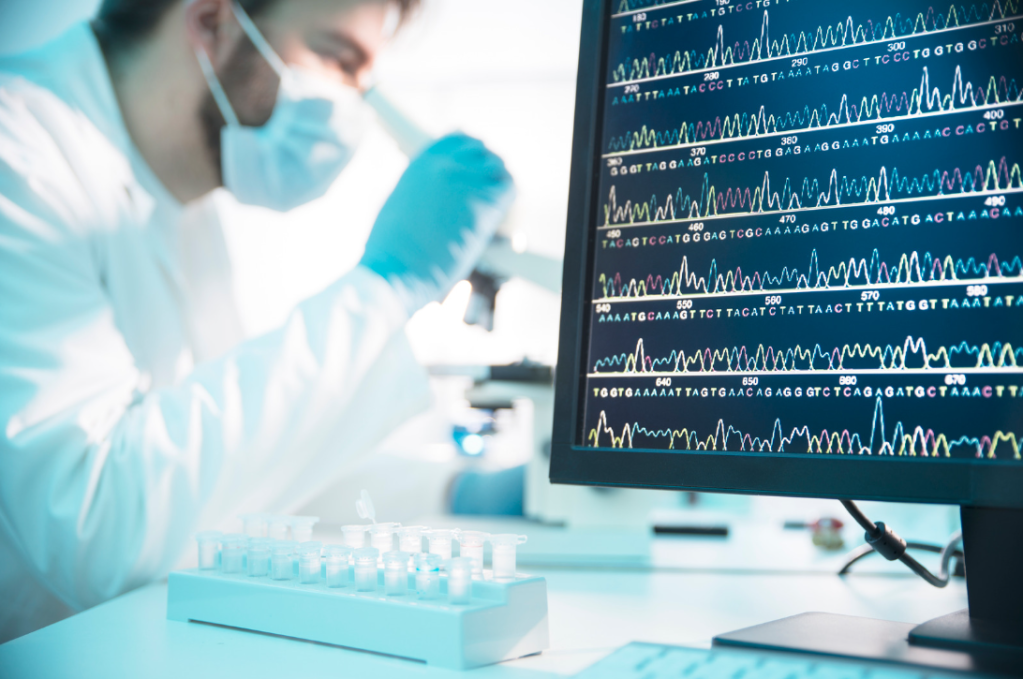 Forscher bei der Arbeit mit DNA-Sequenzierungsdaten, ein Durchbruch in der Biotechnologie und Pharmazie.